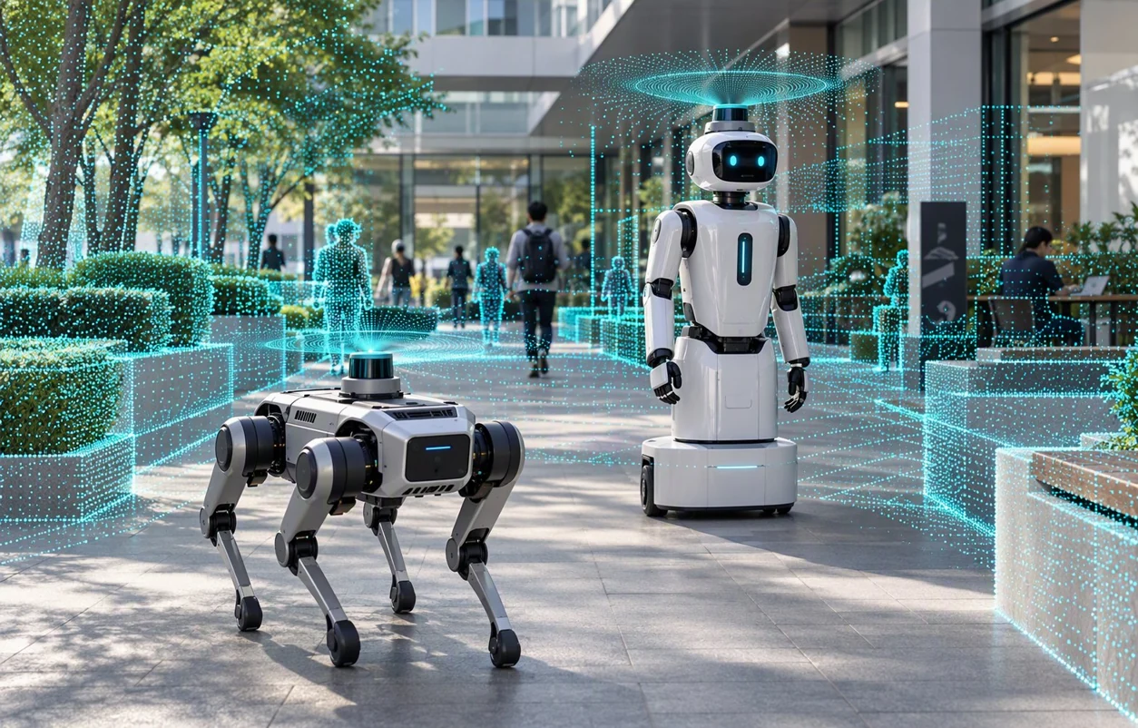 Quadruped and humanoid robots in a service environment
