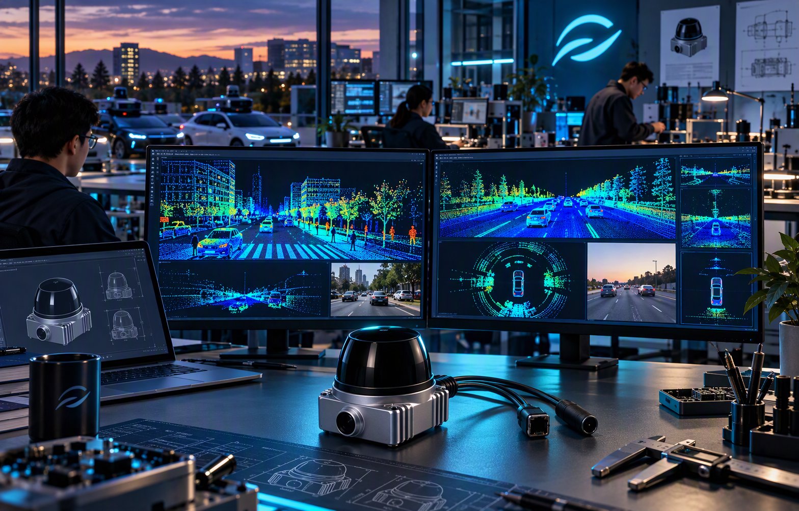 Illustrative LiDAR development workspace with point-cloud displays